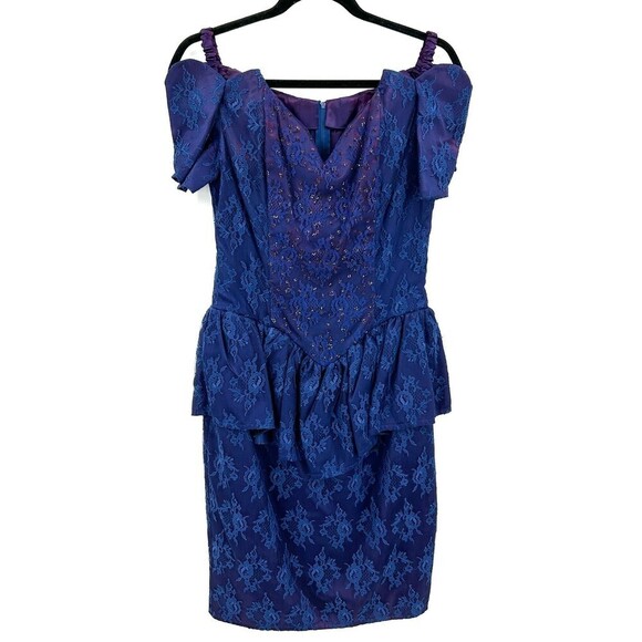 GUNNE SAX Jessica McClintock Vintage Blue Purple Lace Peplum Waist Dress 9 / 10